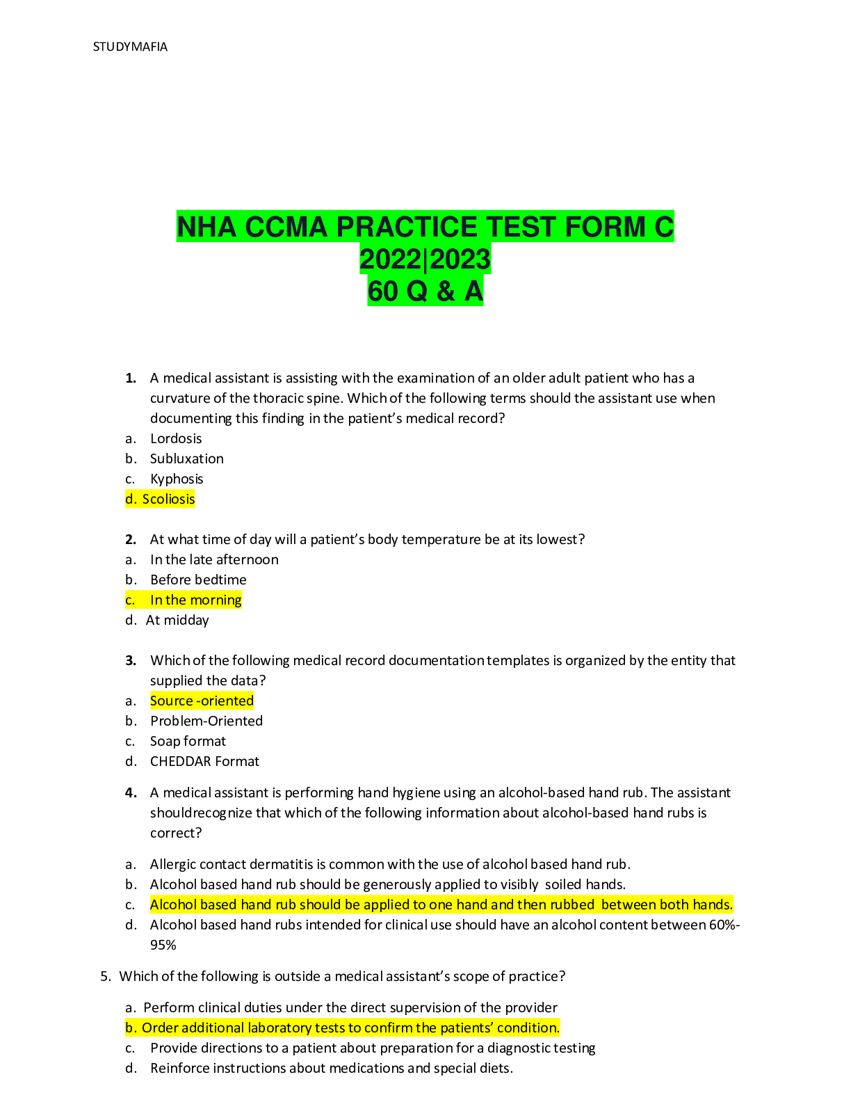 Preview image for NHA CCMA PRACTICE TEST FORM C 2022|2023 60 Q & A